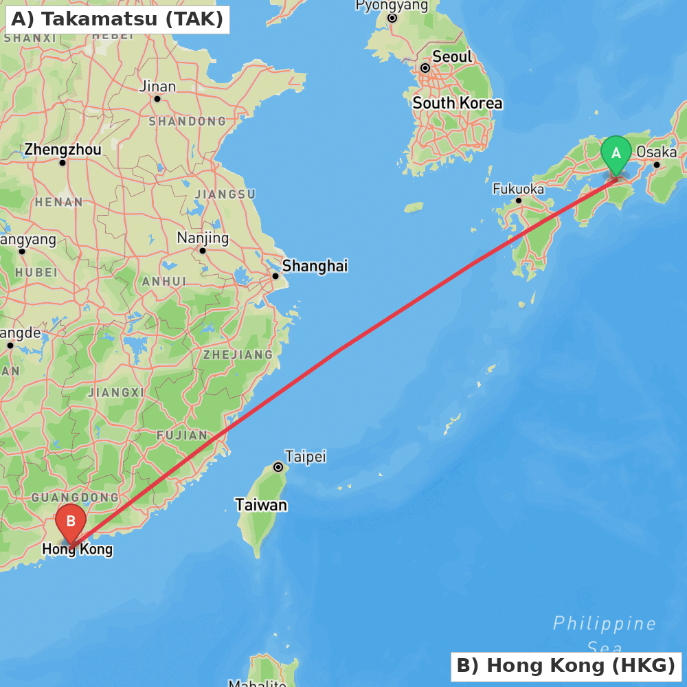Flight route map from Takamatsu to Hong Kong
