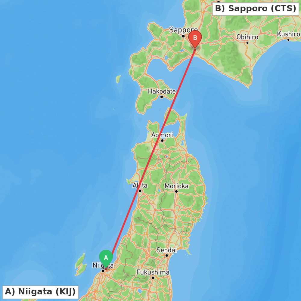 Flight route map from Niigata to Sapporo