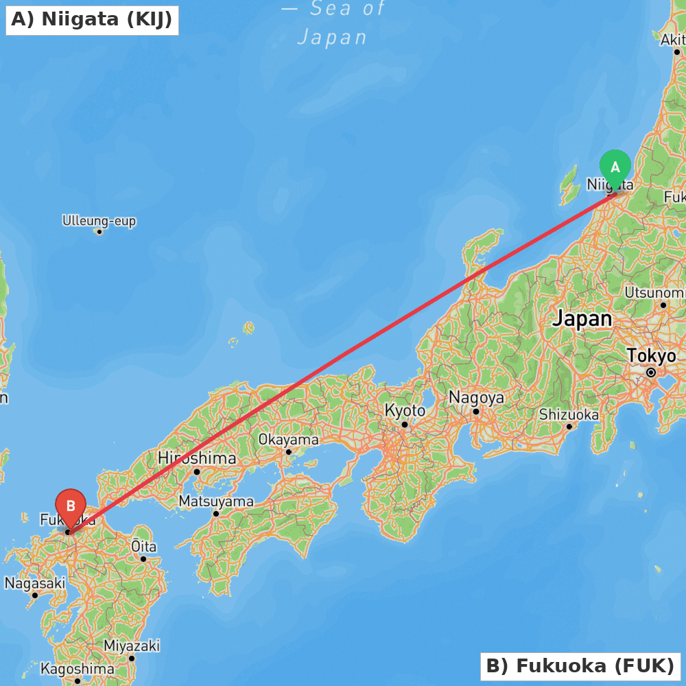 Flight route map from Niigata to Fukuoka