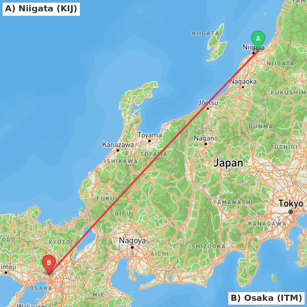 Flight route map from Niigata to Osaka