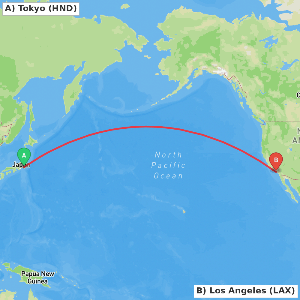 Flight route map from Tokyo to Los Angeles