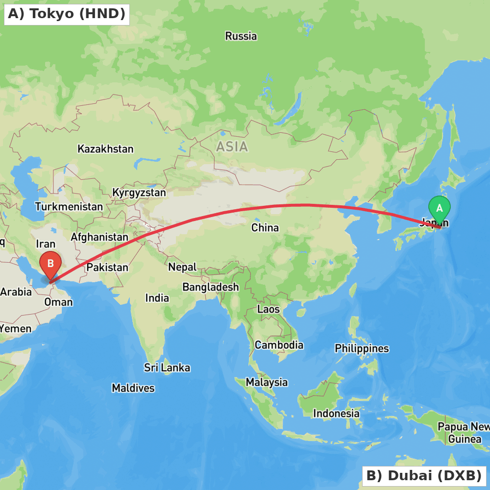 Flight route map from Tokyo to Dubai