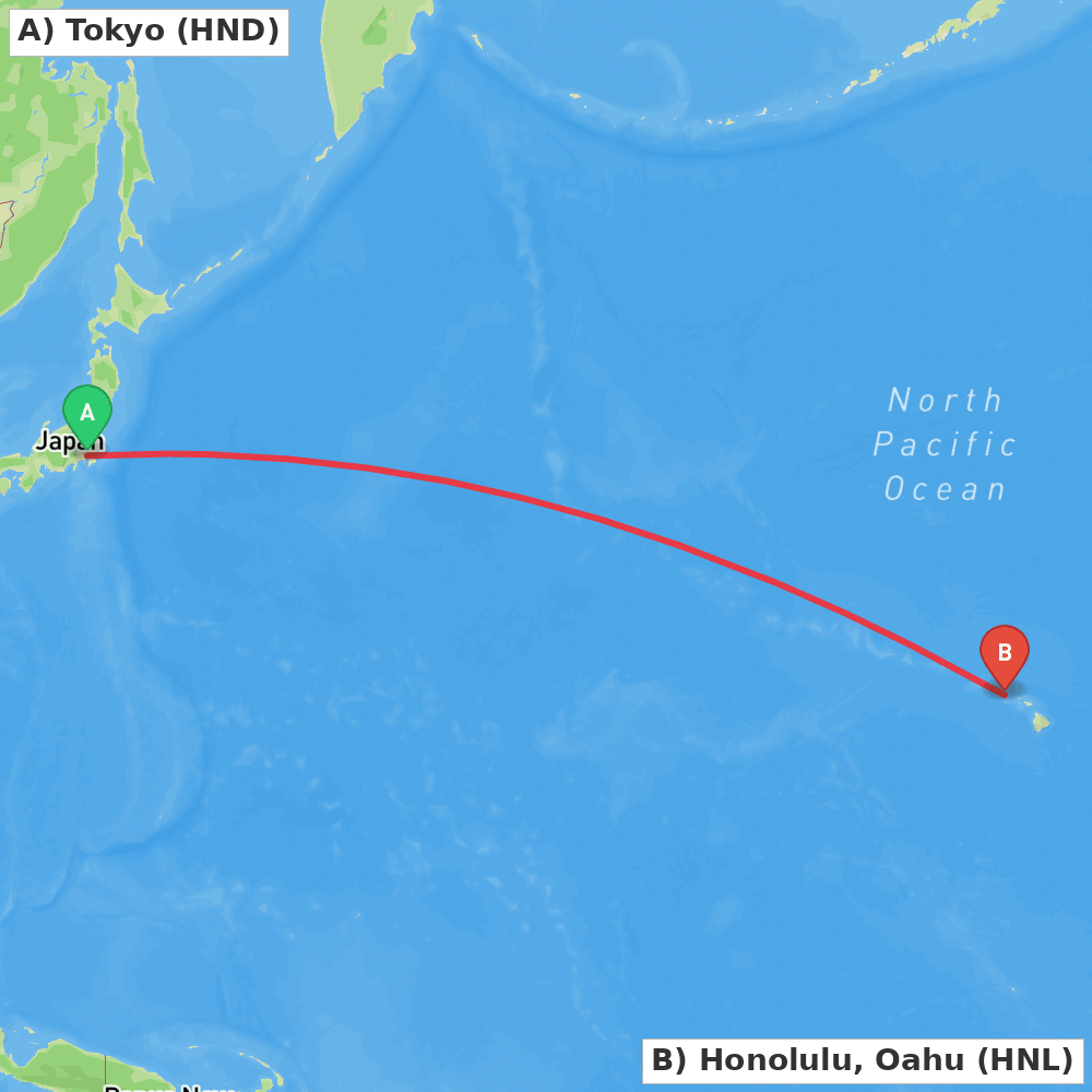 Flight route map from Tokyo to Honolulu, Oahu