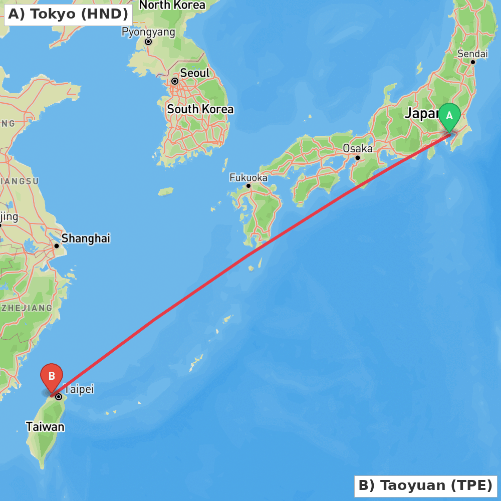 Flight route map from Tokyo to Taoyuan