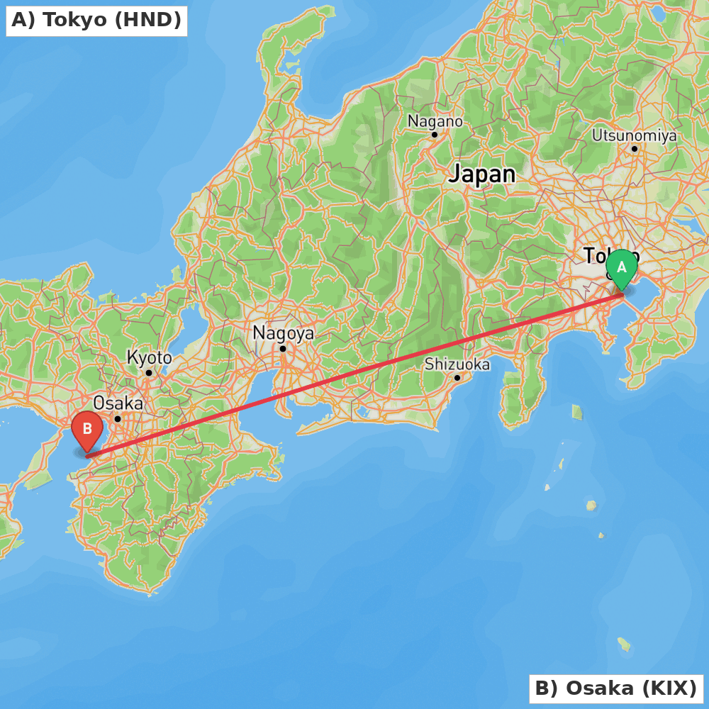 Flight route map from Tokyo to Osaka