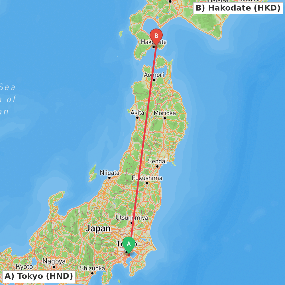 Flight route map from Tokyo to Hakodate