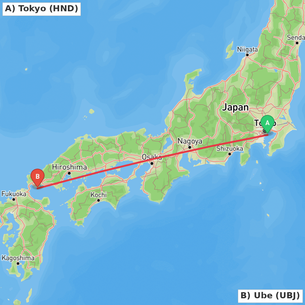 Flight route map from Tokyo to Ube