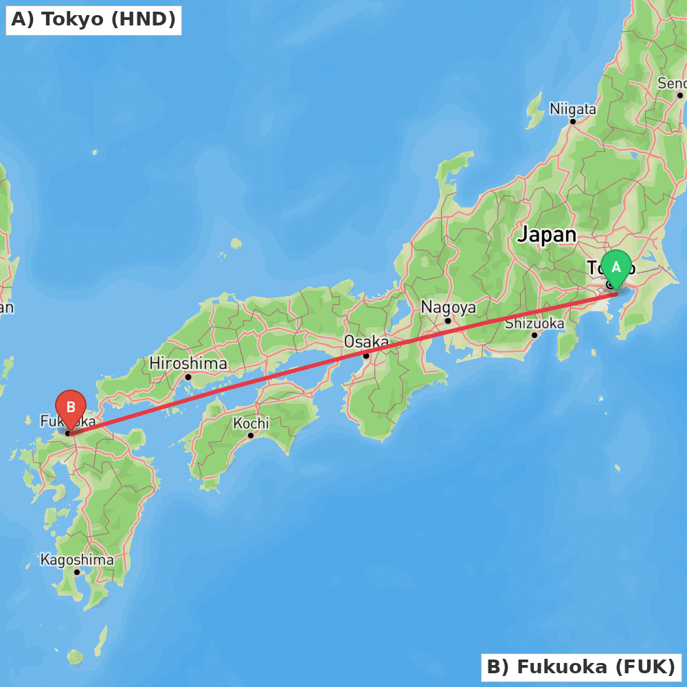 Flight route map from Tokyo to Fukuoka