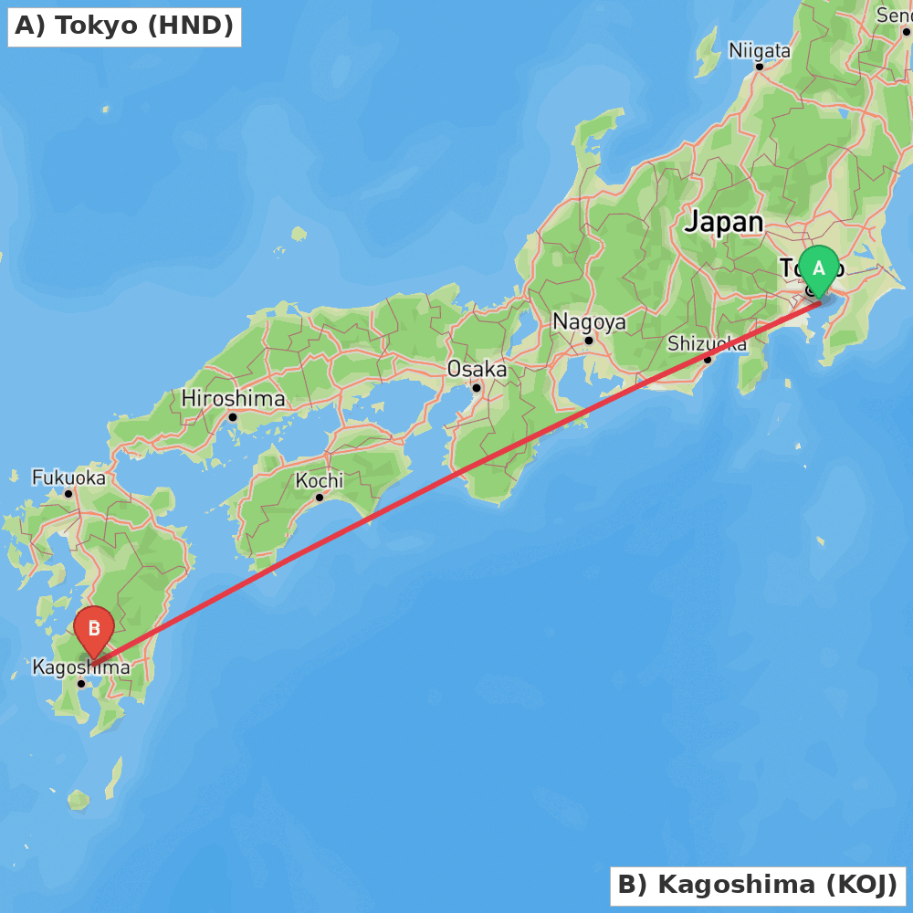 Flight route map from Tokyo to Kagoshima