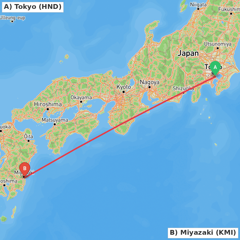 Flight route map from Tokyo to Miyazaki