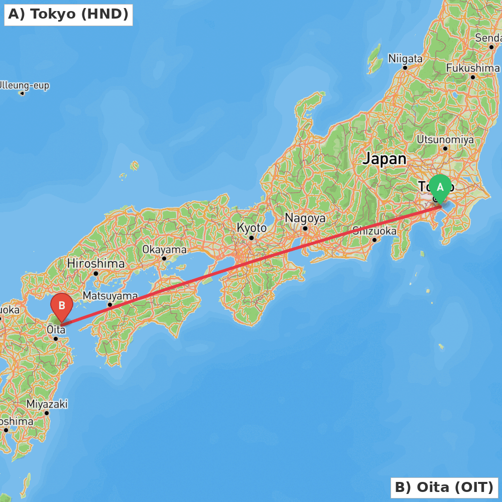 Flight route map from Tokyo to Oita