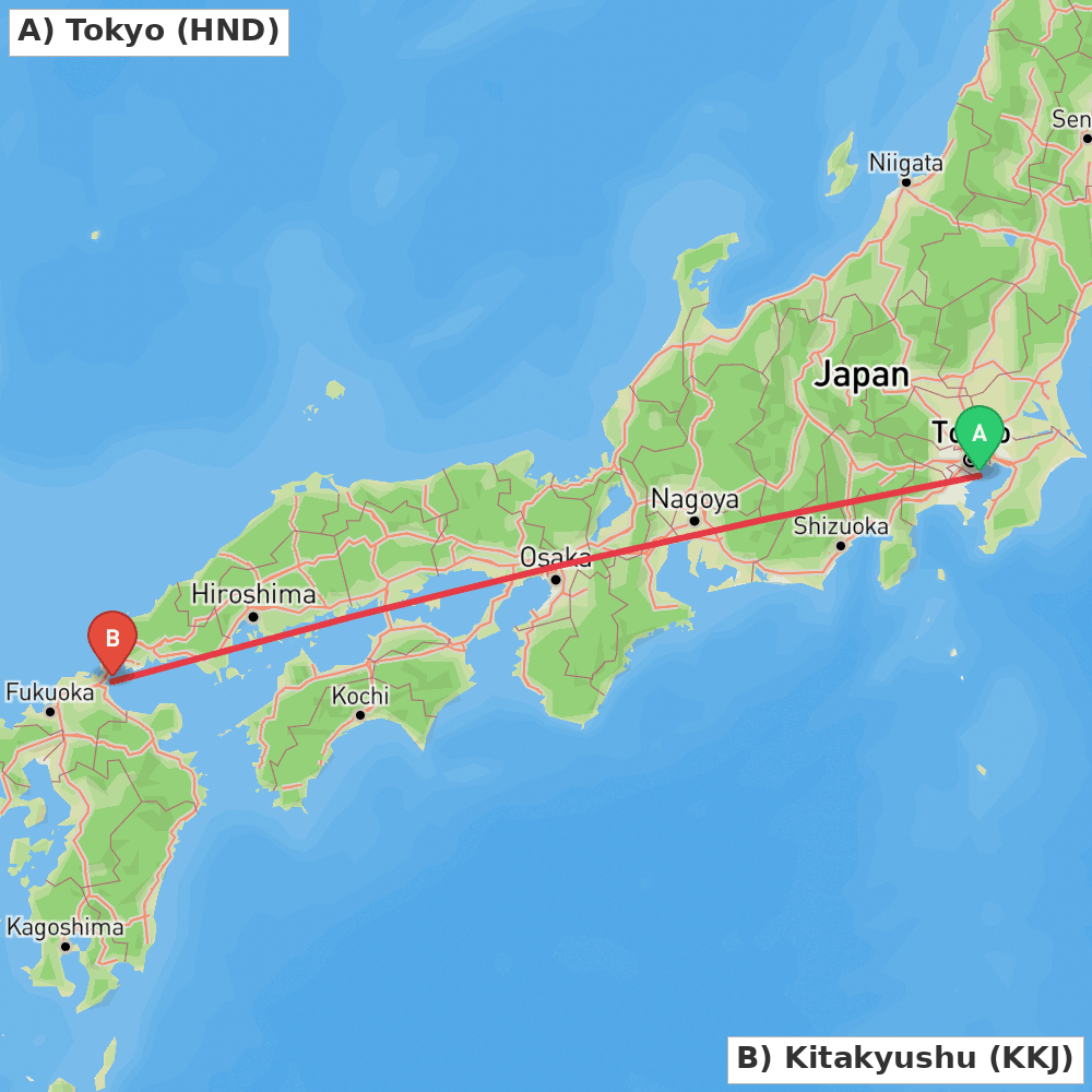 Flight route map from Tokyo to Kitakyushu