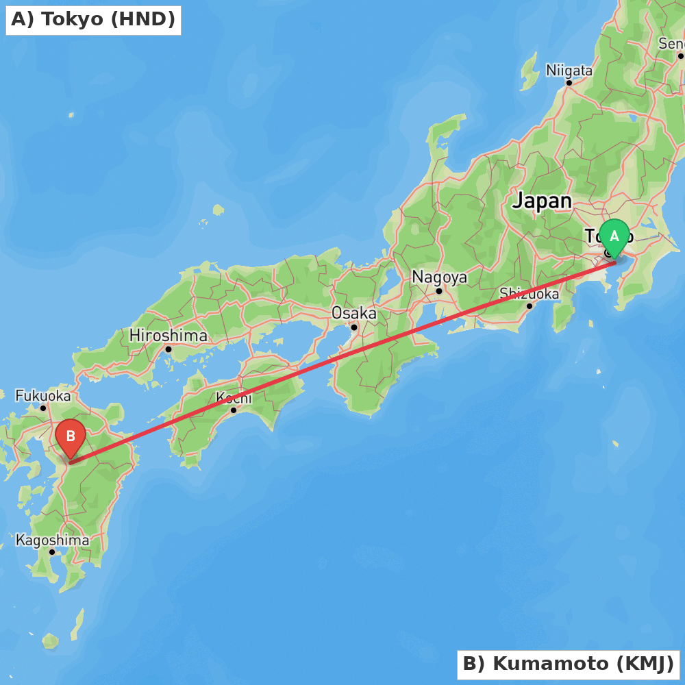 Flight route map from Tokyo to Kumamoto