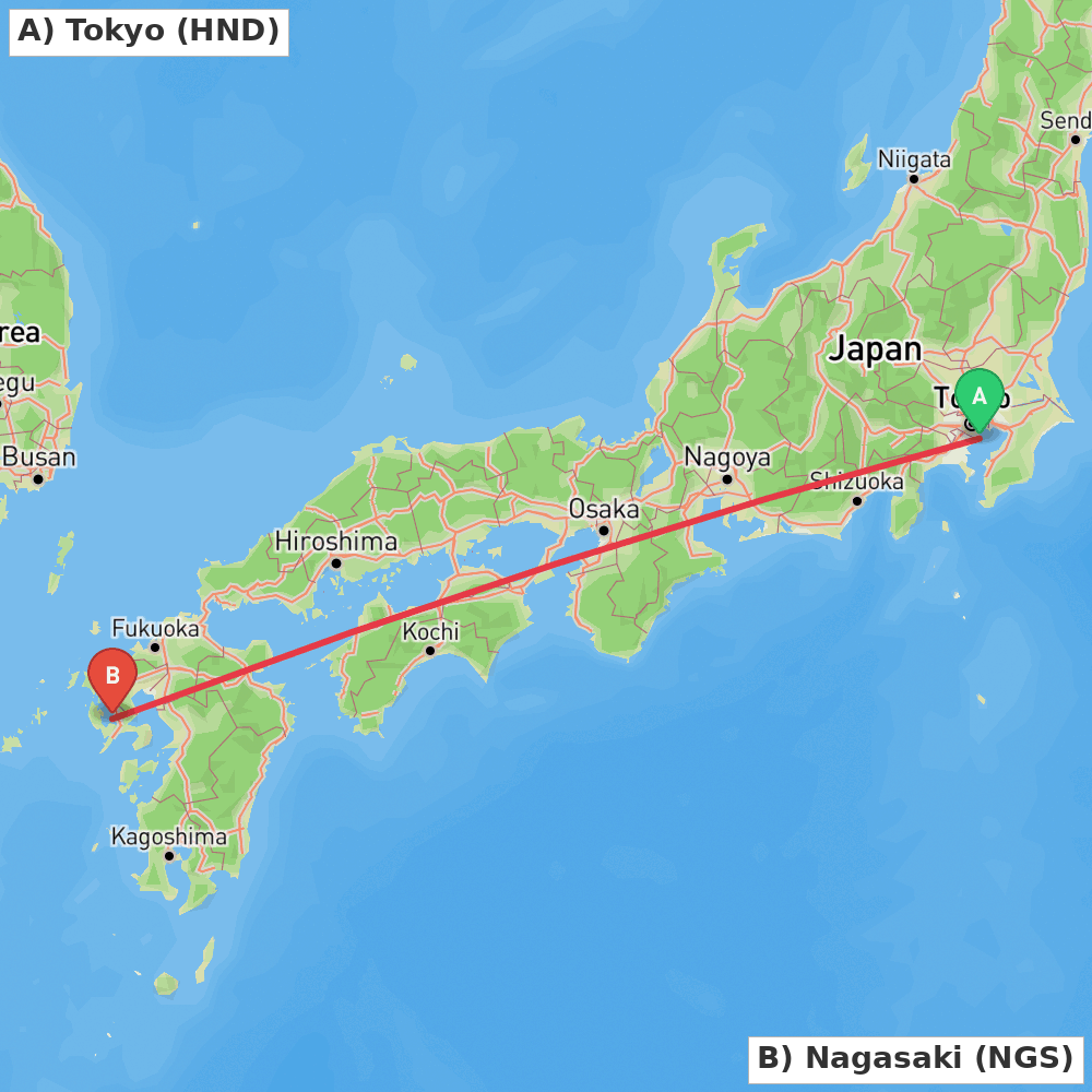 Flight route map from Tokyo to Nagasaki