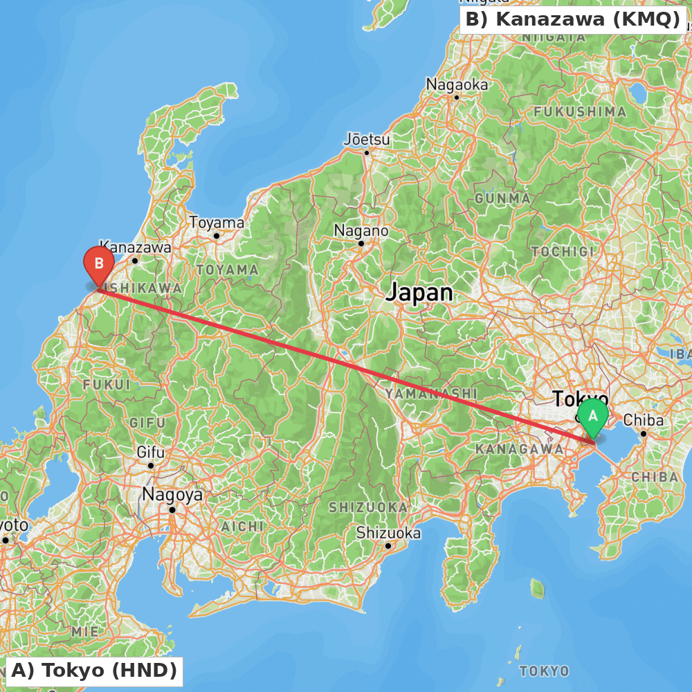 Flight route map from Tokyo to Kanazawa