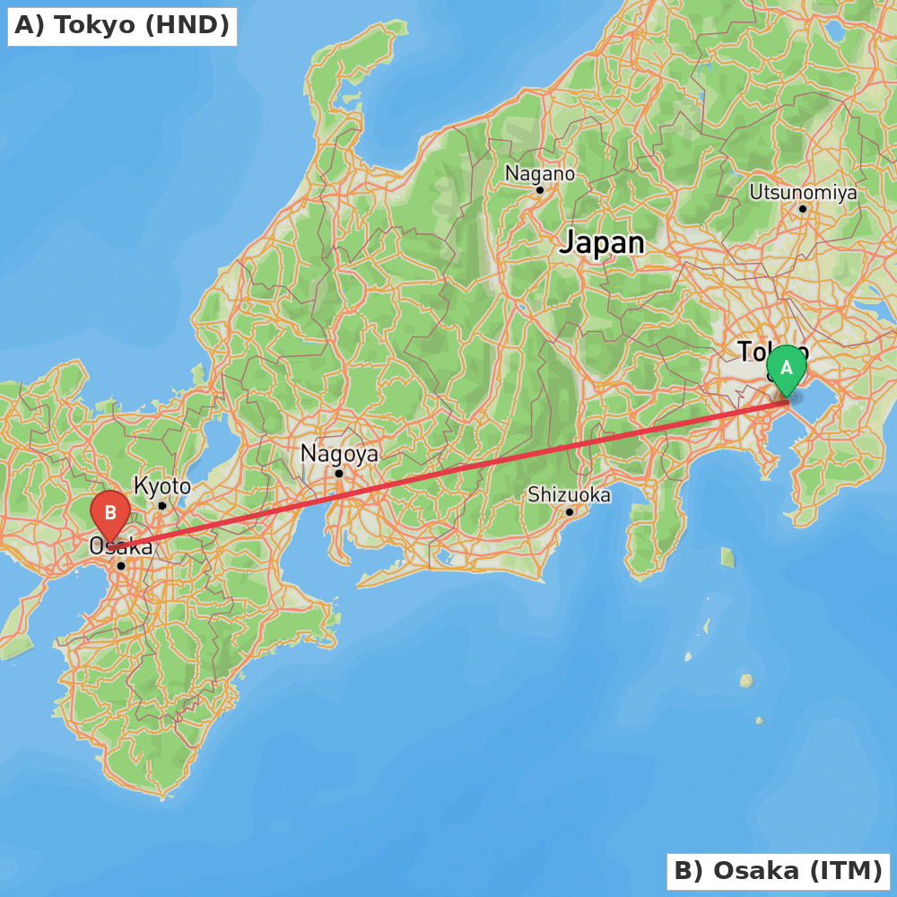 Flight route map from Tokyo to Osaka