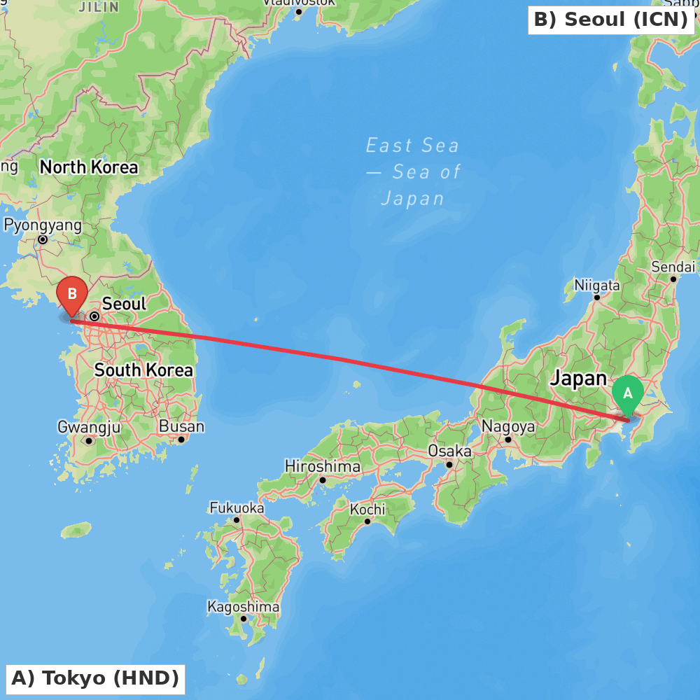 Flight route map from Tokyo to Seoul