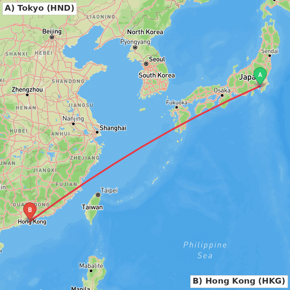 Flight route map from Tokyo to Hong Kong