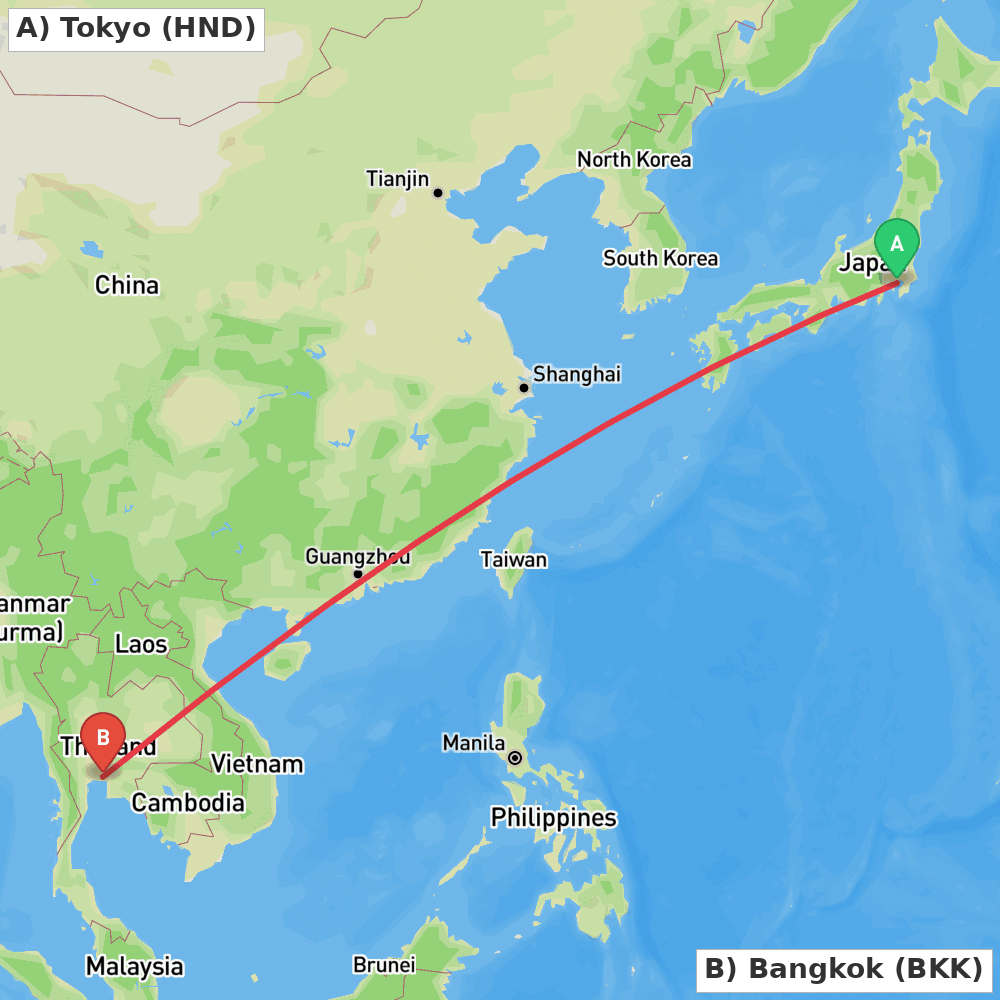 Flight route map from Tokyo to Bangkok