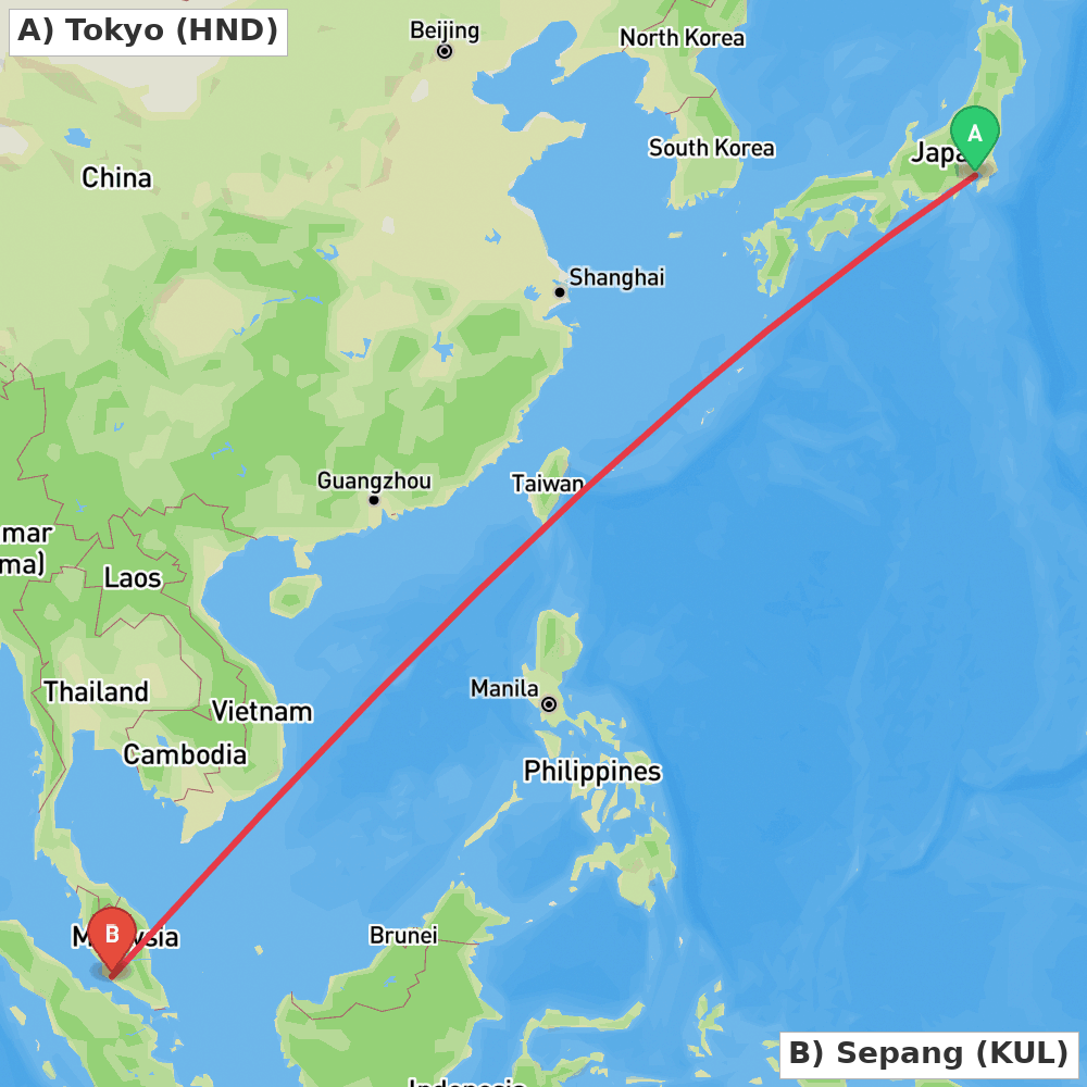 Flight route map from Tokyo to Sepang