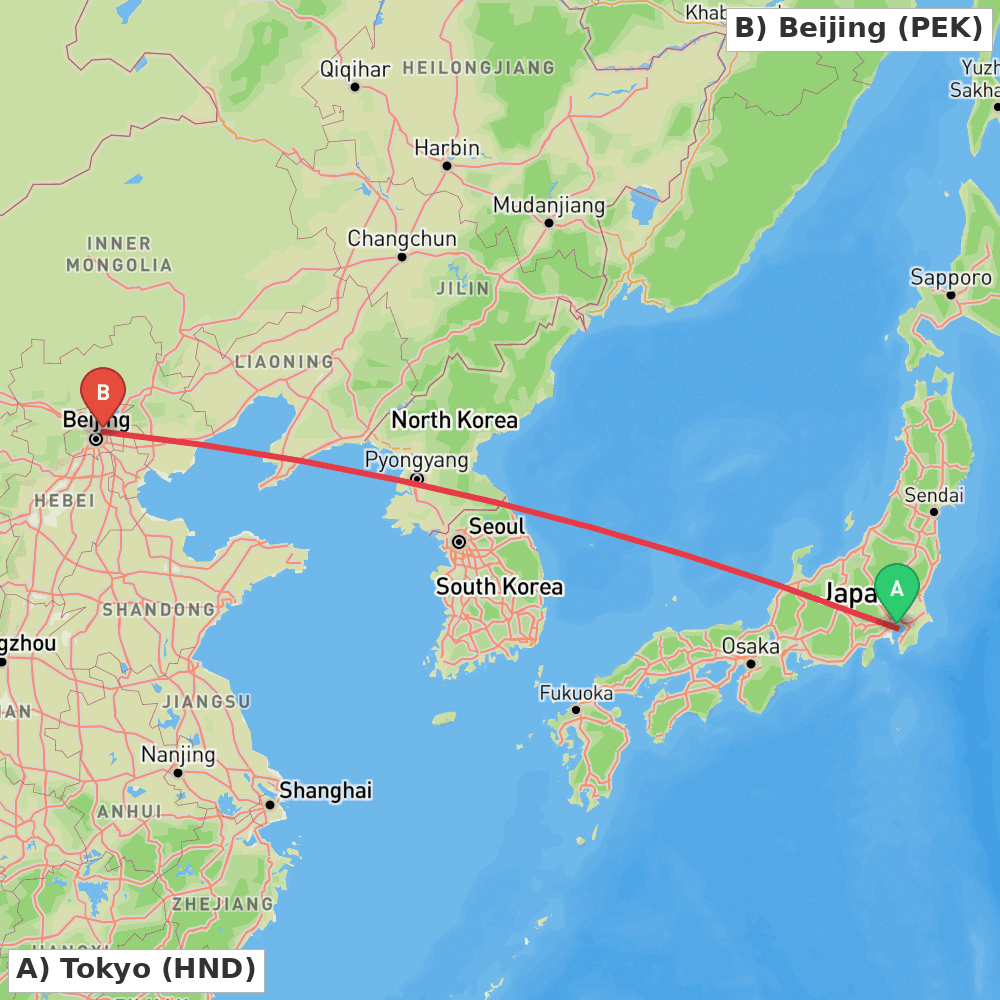 Flight route map from Tokyo to Beijing