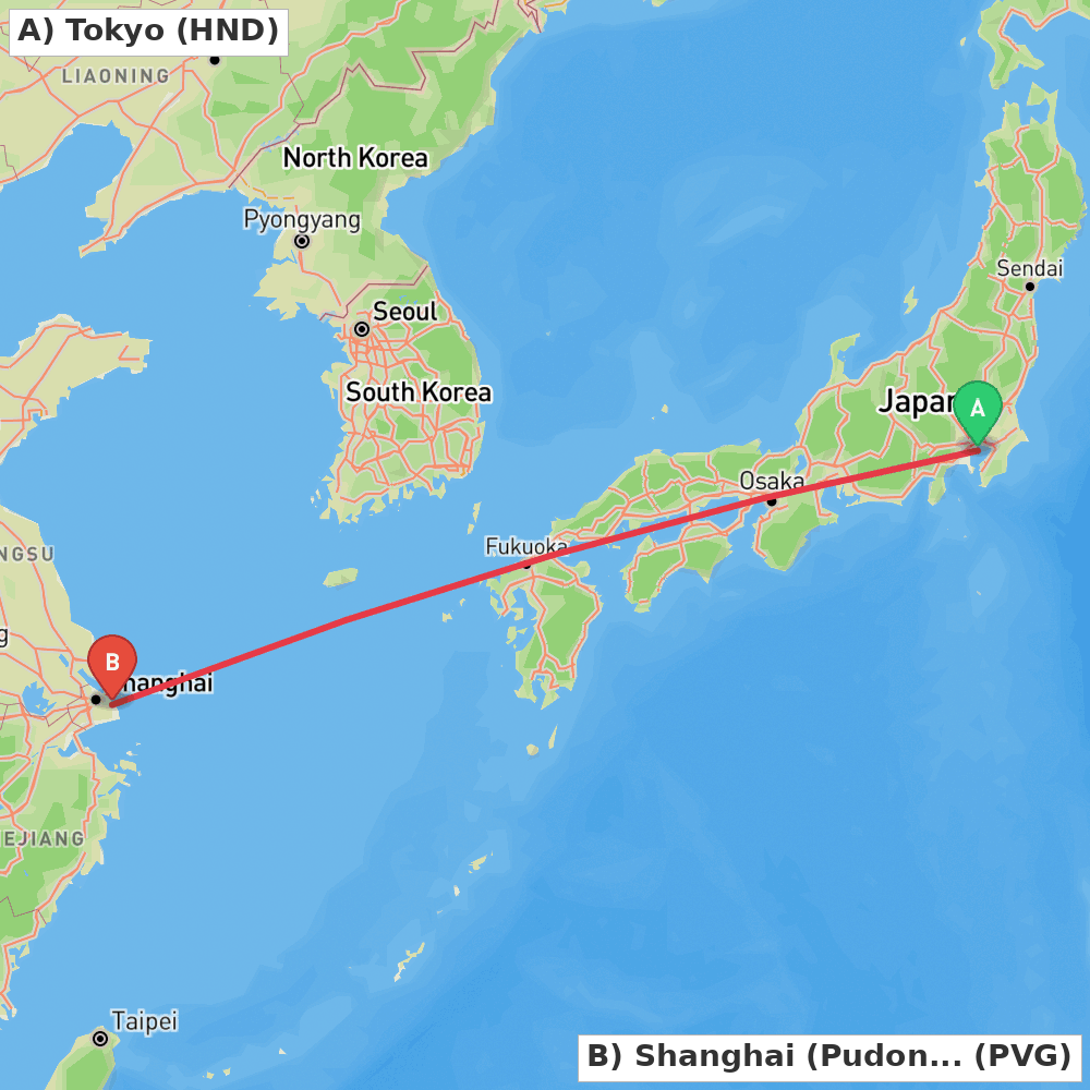 Flight route map from Tokyo to Shanghai (Pudong)