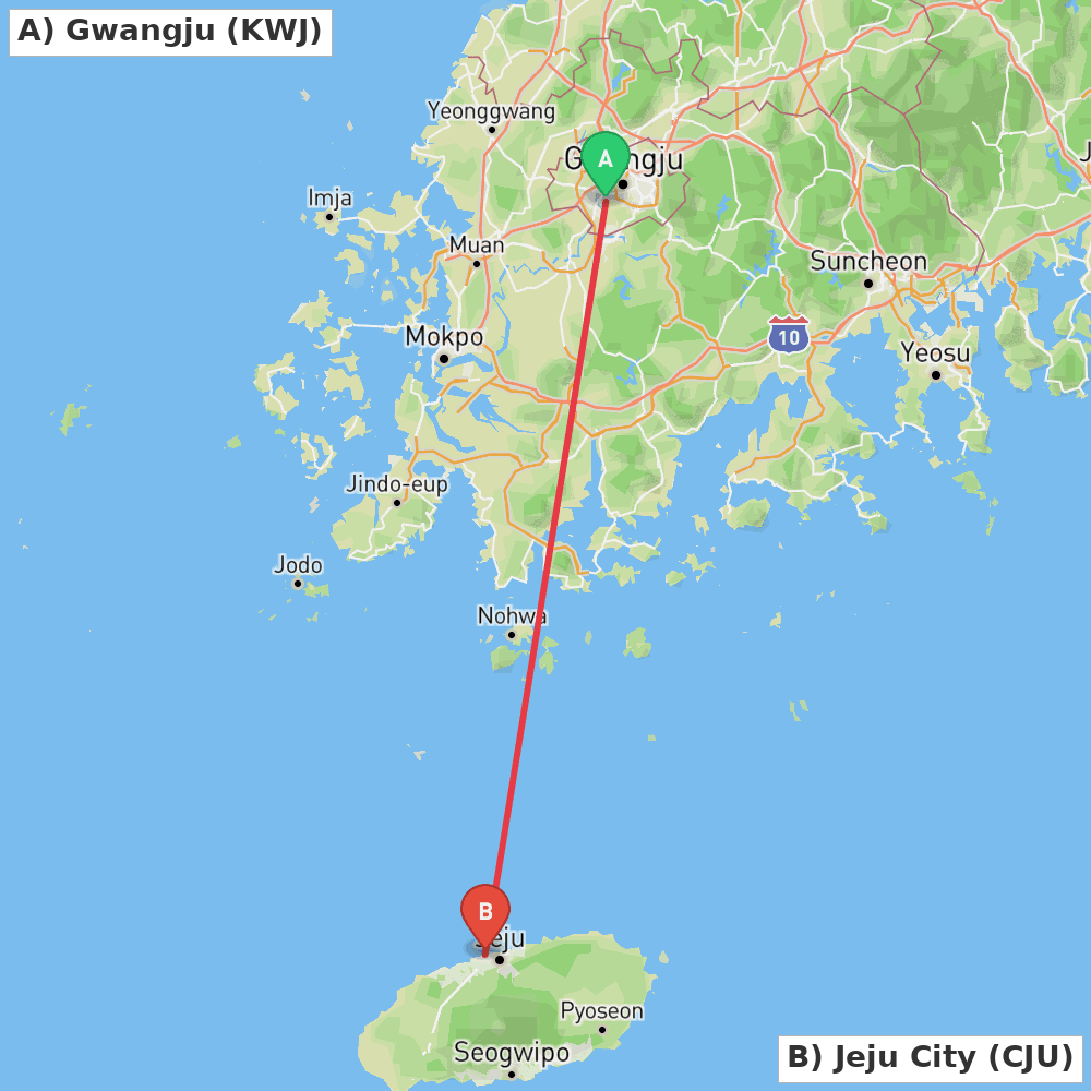 Flight route map from Gwangju to Jeju City