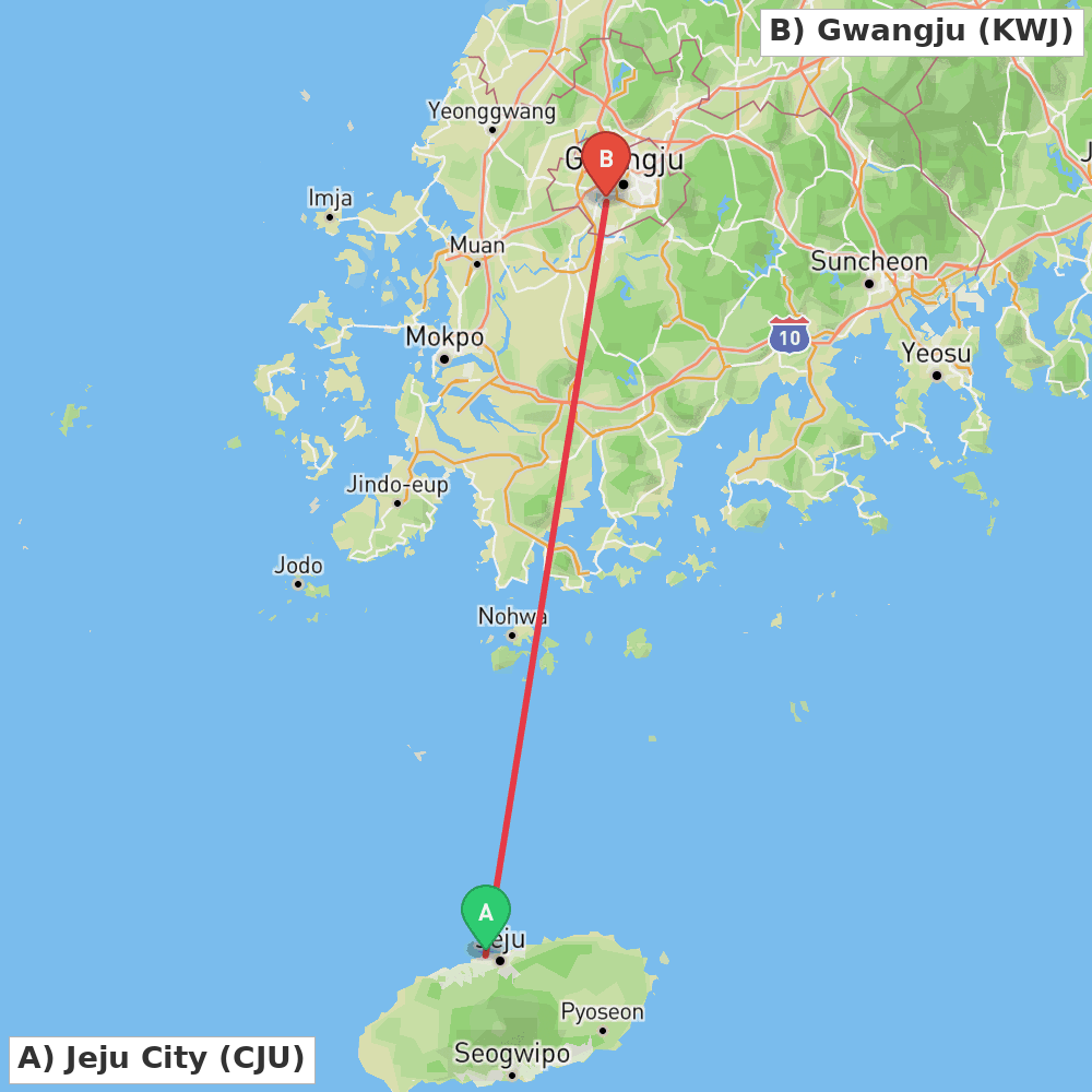Flight route map from Jeju City to Gwangju