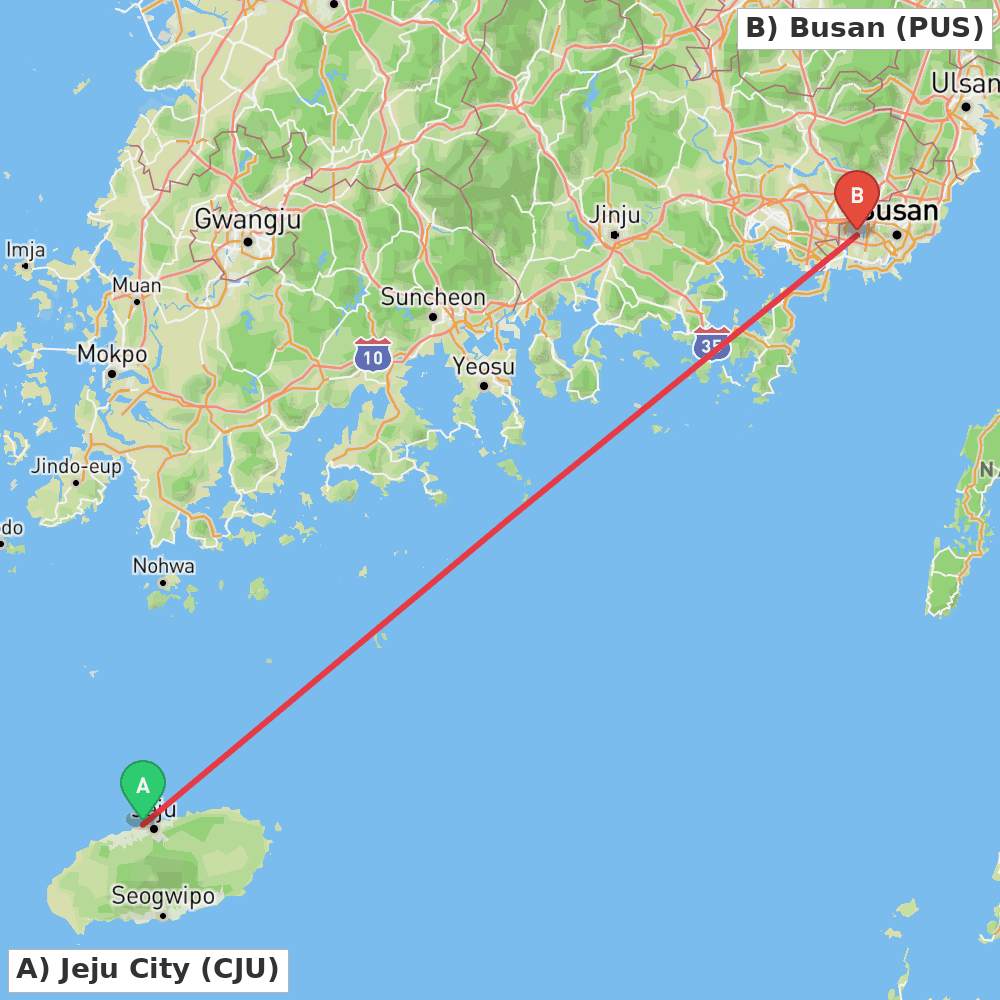 Flight route map from Jeju City to Busan