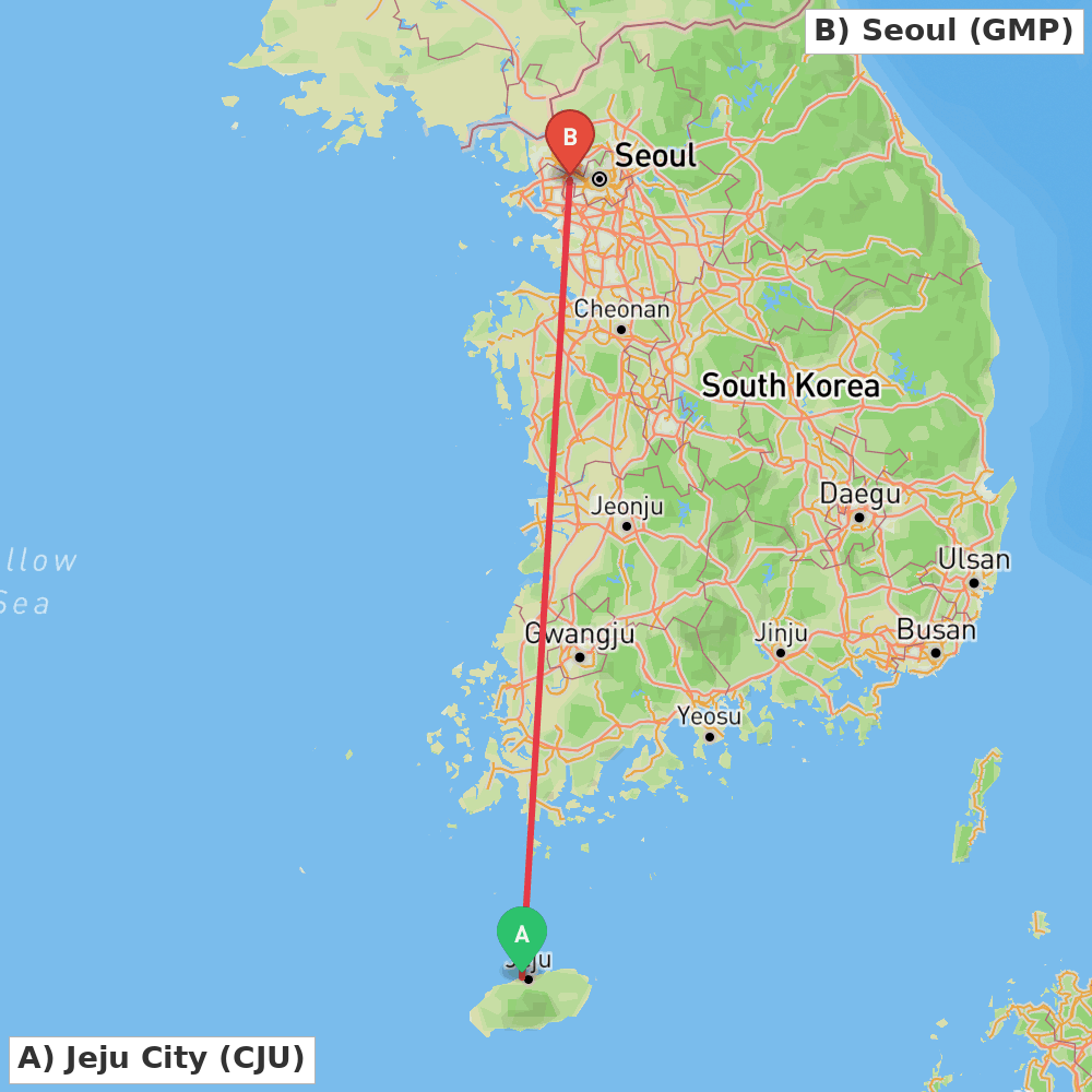 Flight route map from Jeju City to Seoul