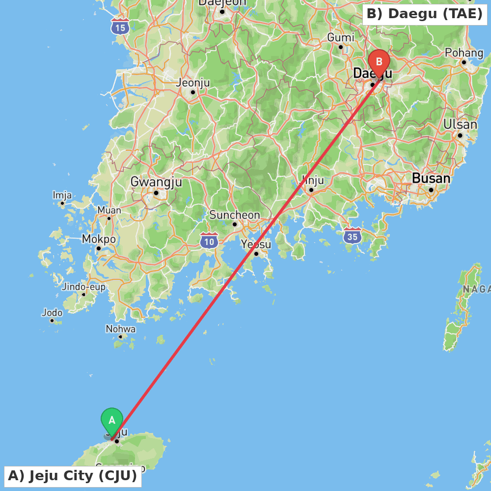 Flight route map from Jeju City to Daegu