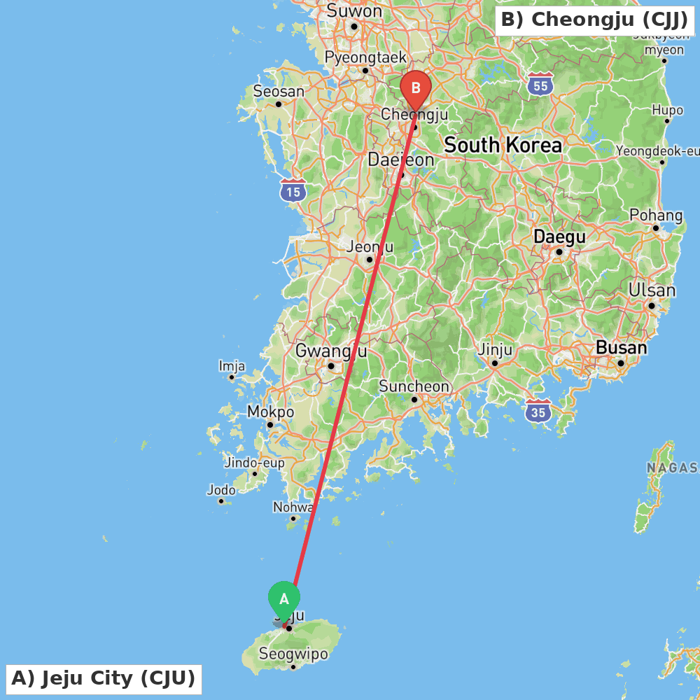 Flight route map from Jeju City to Cheongju