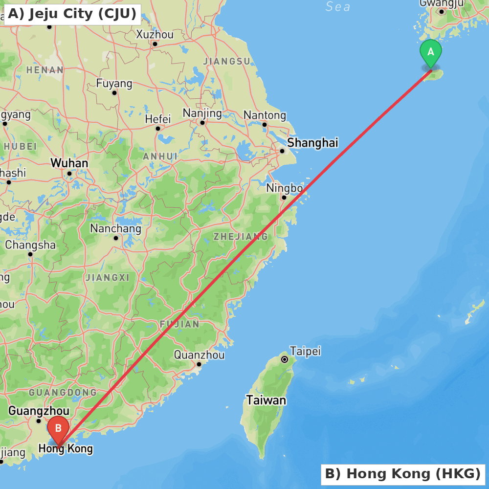 Flight route map from Jeju City to Hong Kong
