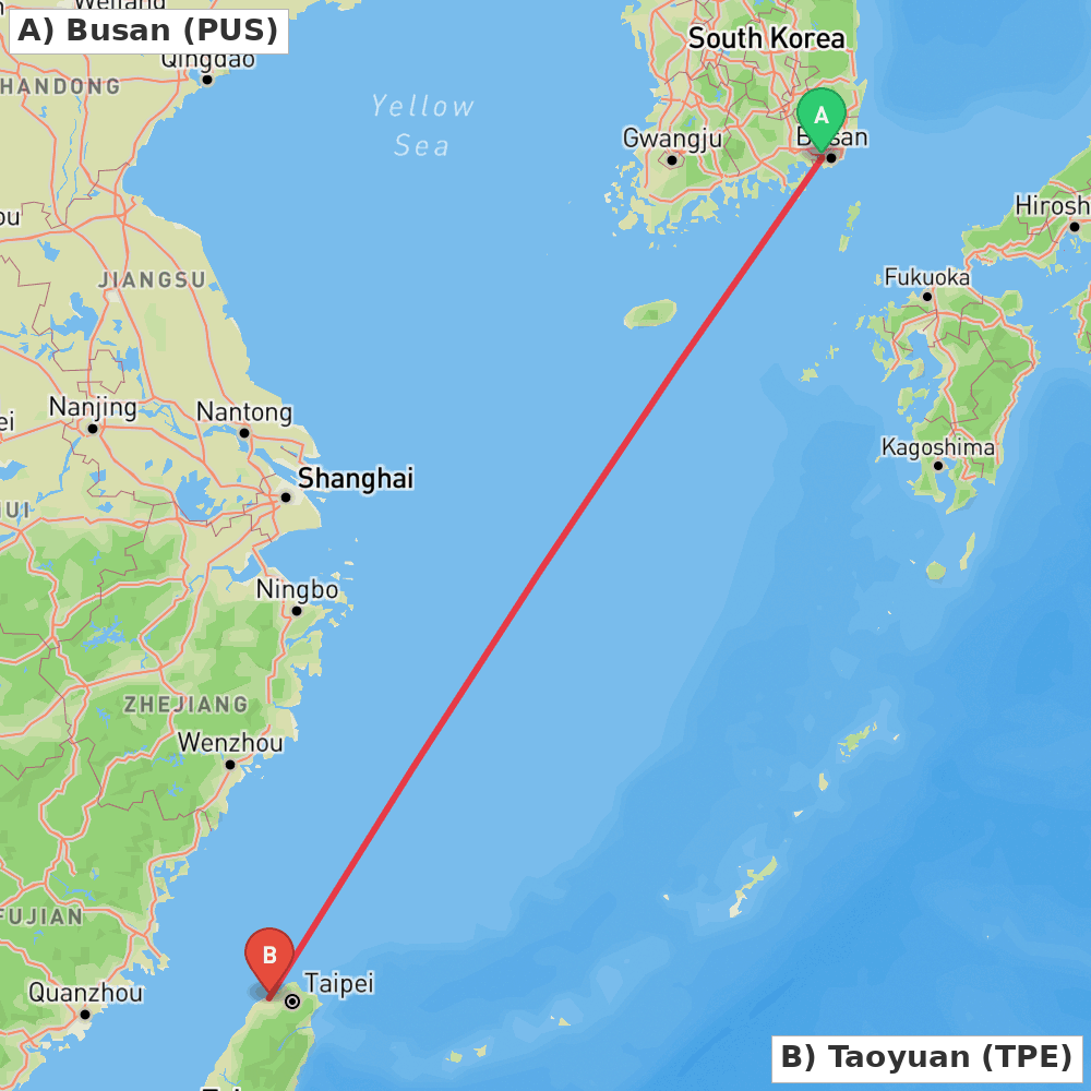 Flight route map from Busan to Taoyuan
