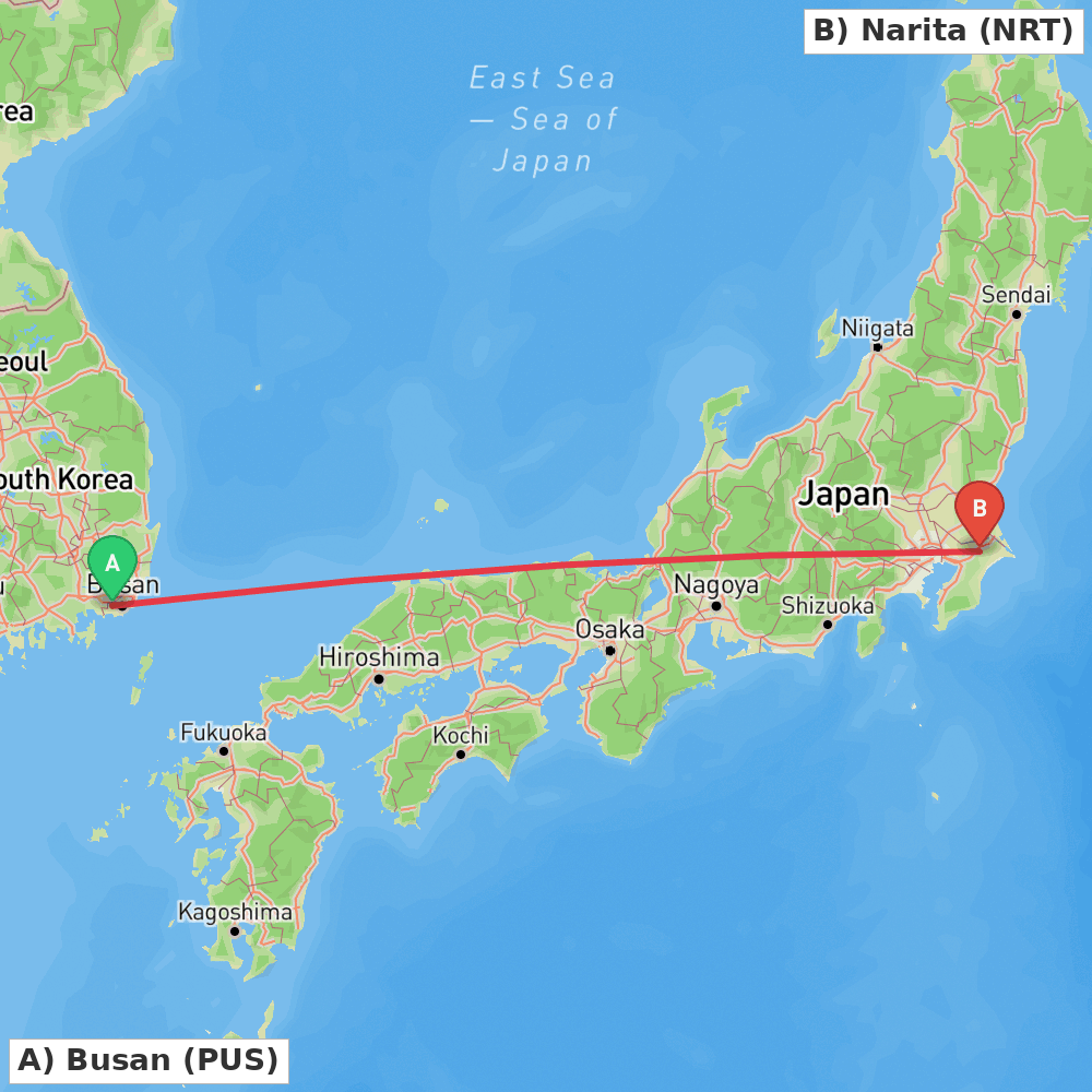 Flight route map from Busan to Narita