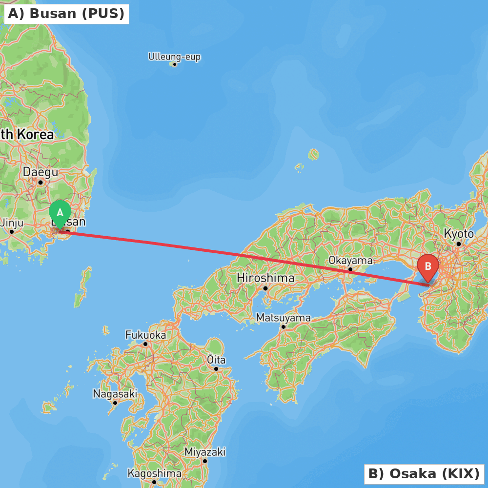 Flight route map from Busan to Osaka
