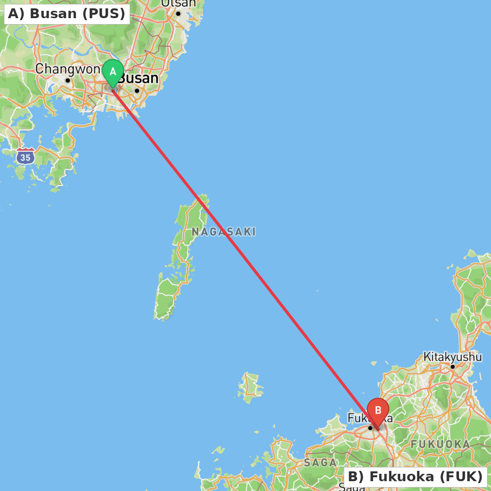 Flight route map from Busan to Fukuoka