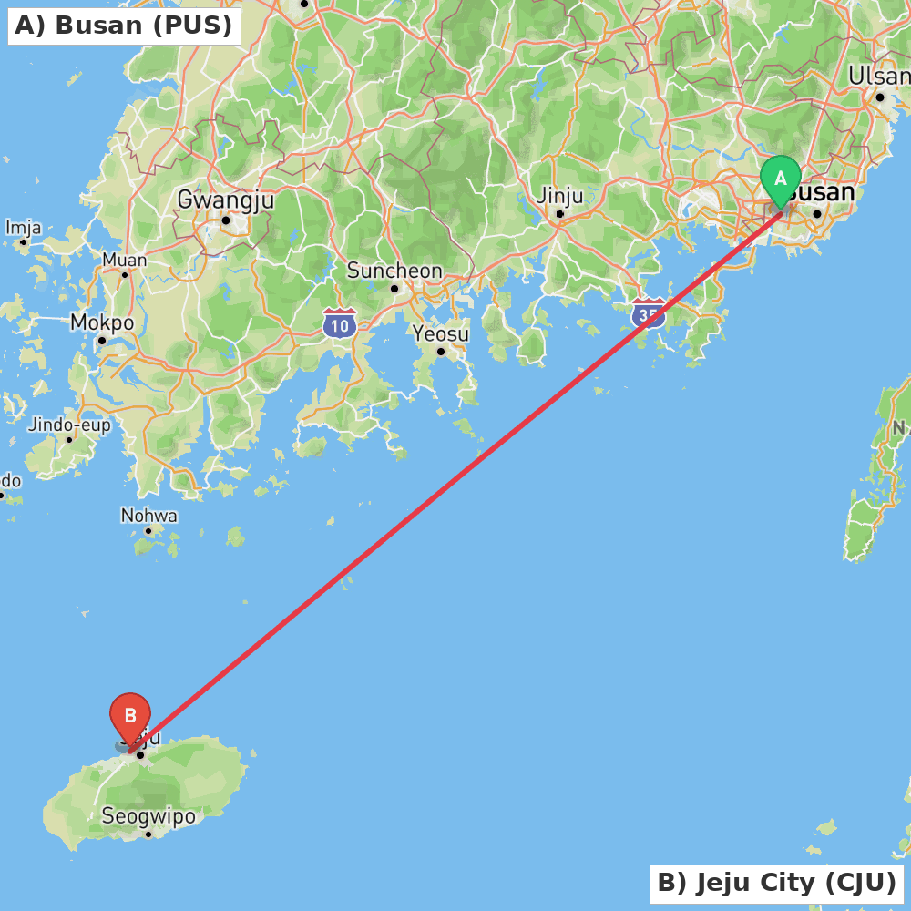 Flight route map from Busan to Jeju City