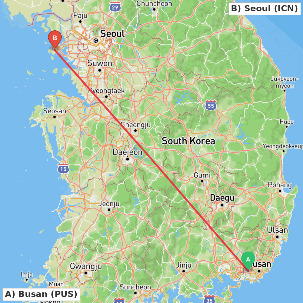 Flight route map from Busan to Seoul