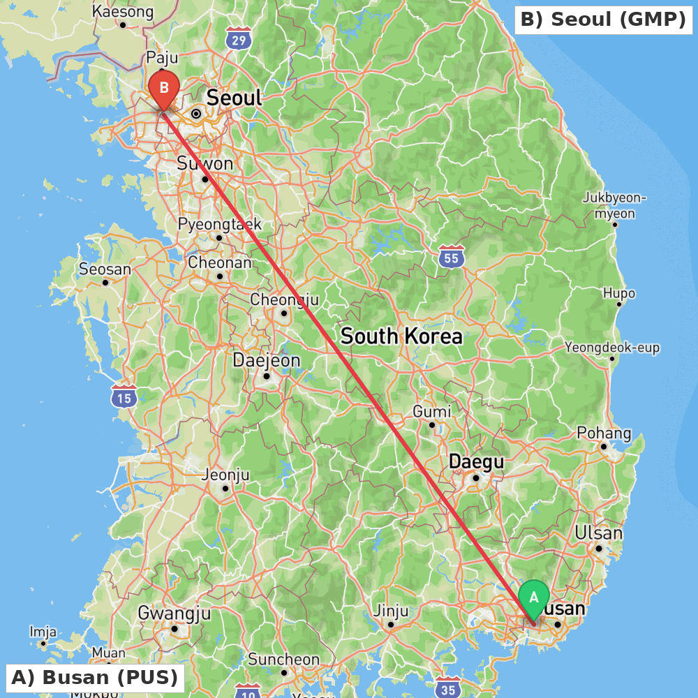 Flight route map from Busan to Seoul