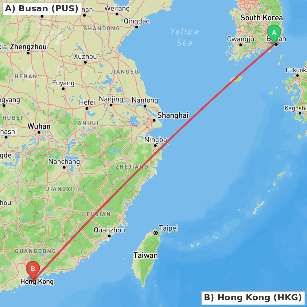 Flight route map from Busan to Hong Kong
