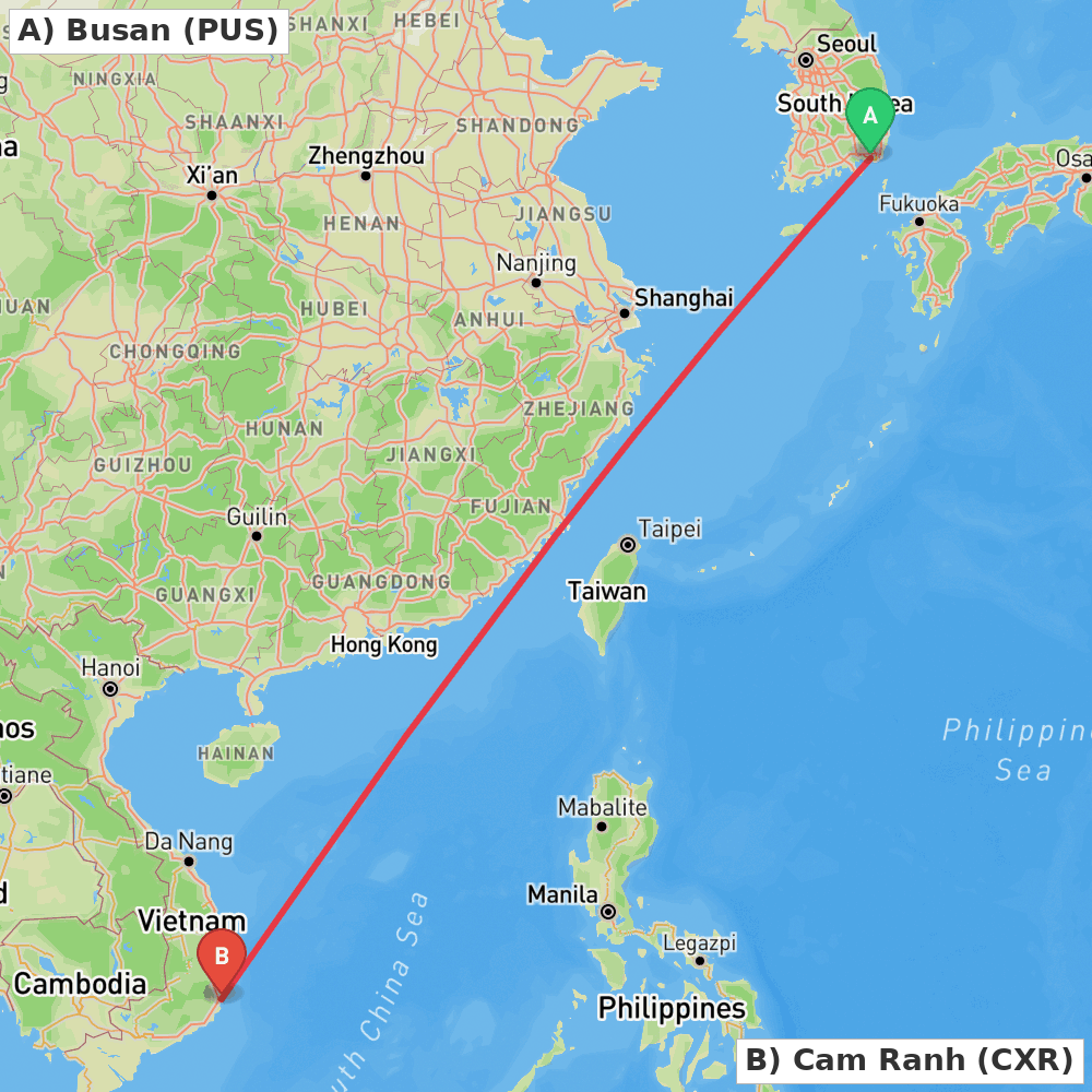 Flight route map from Busan to Cam Ranh