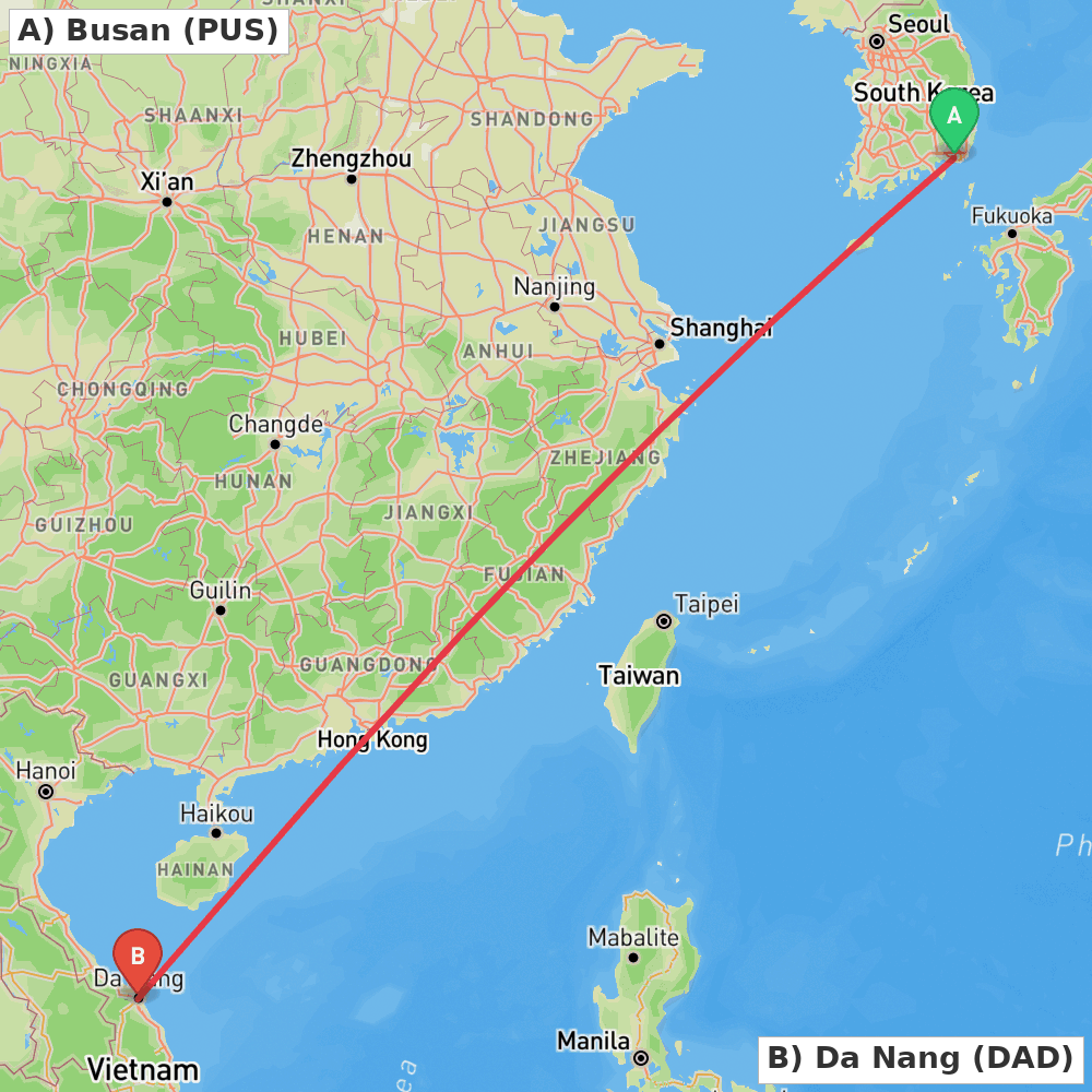 Flight route map from Busan to Da Nang