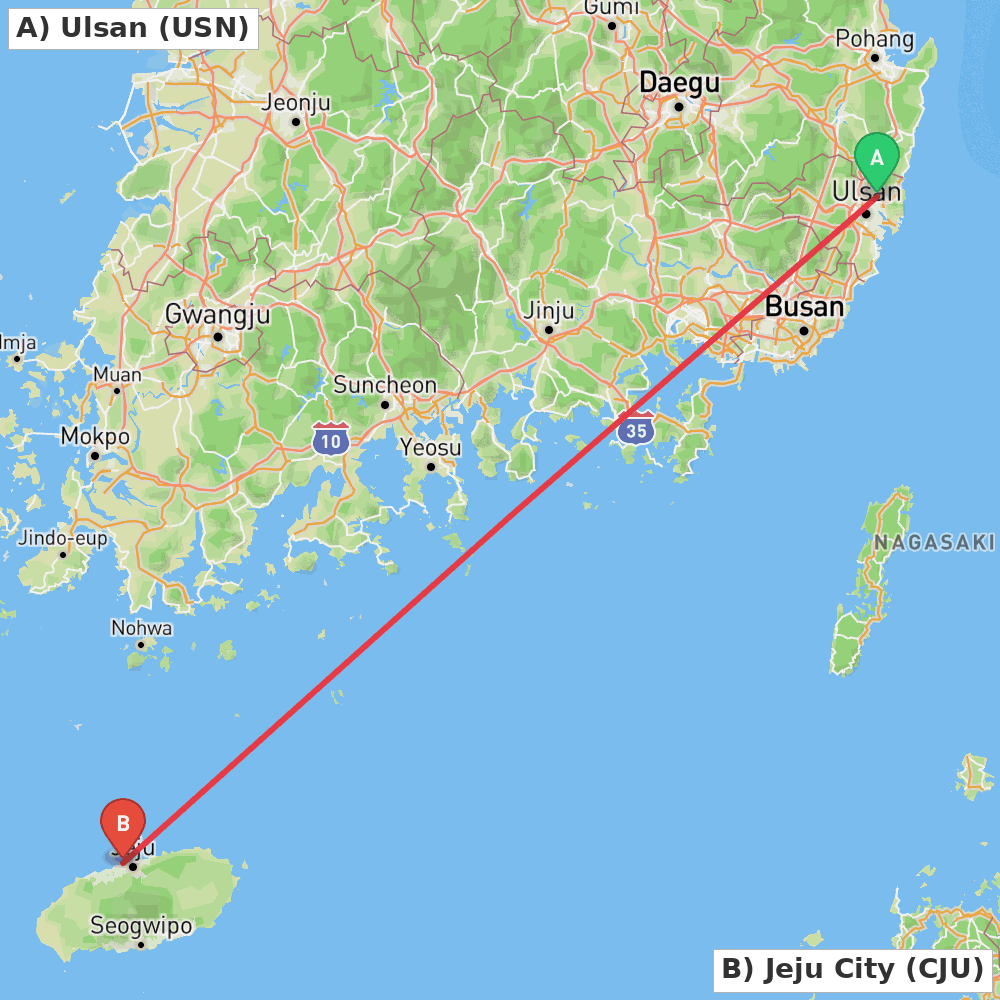 Flight route map from Ulsan to Jeju City
