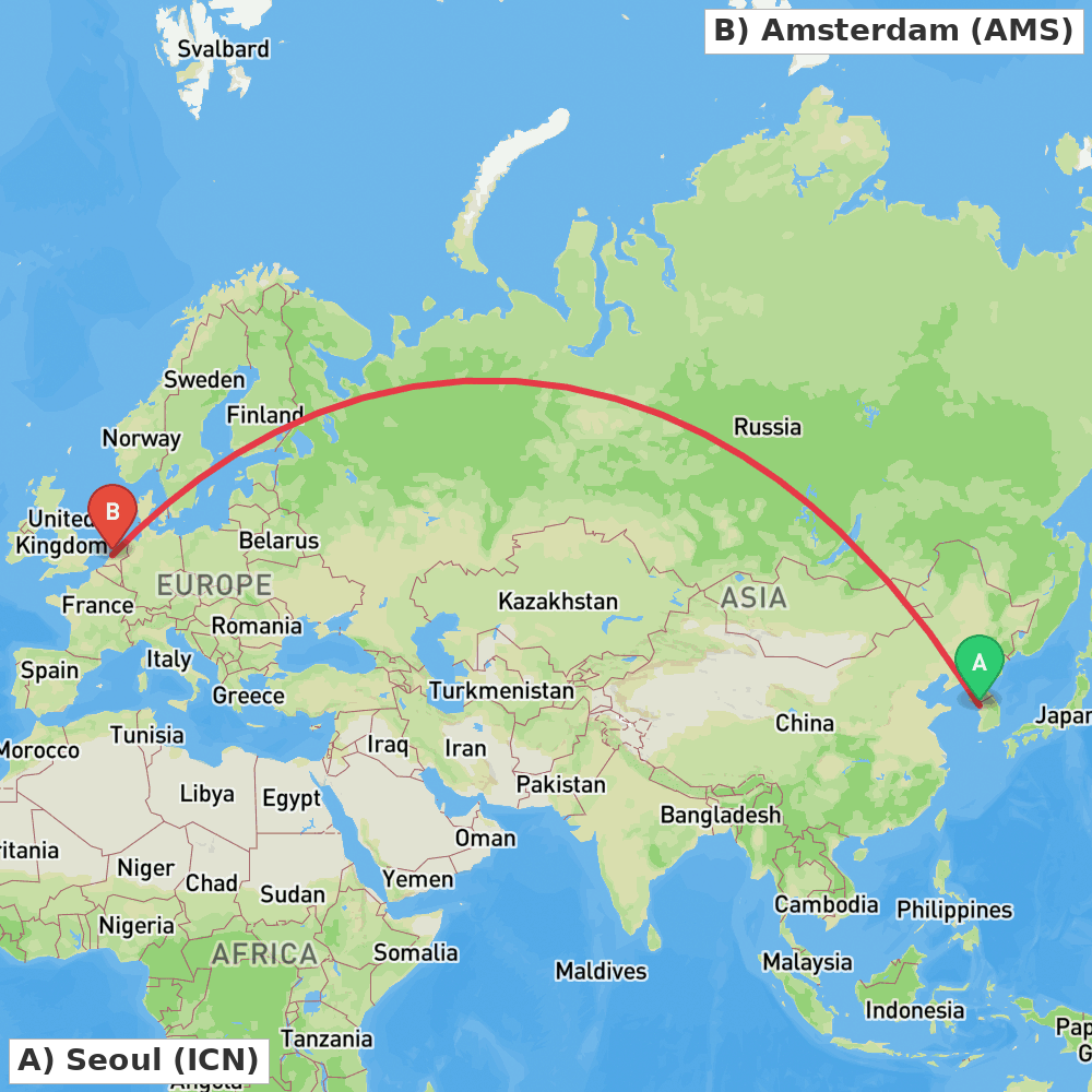 Flight route map from Seoul to Amsterdam