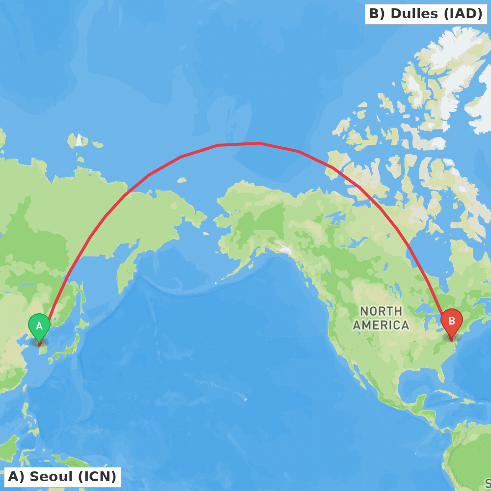 Flight route map from Seoul to Dulles