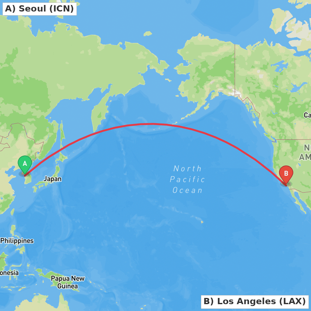 Flight route map from Seoul to Los Angeles