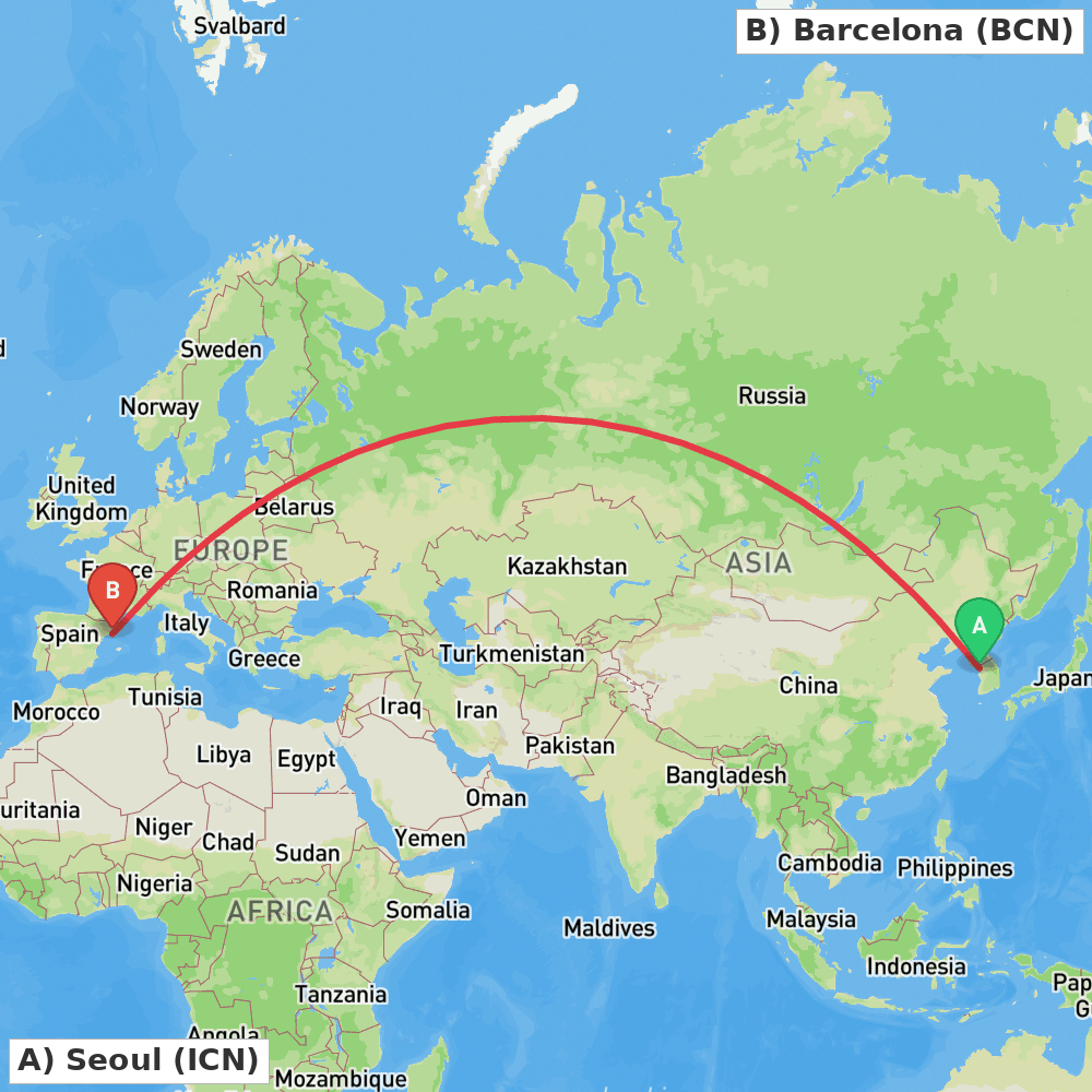 Flight route map from Seoul to Barcelona