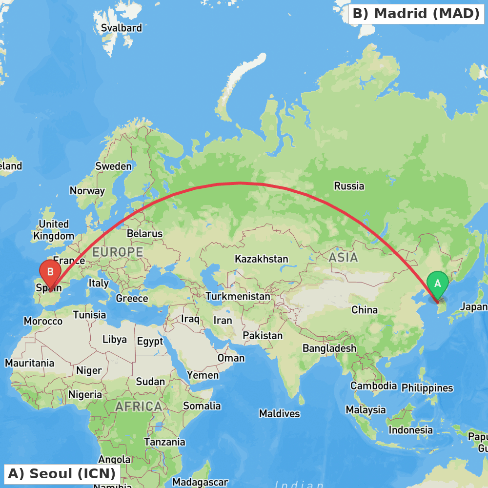 Flight route map from Seoul to Madrid