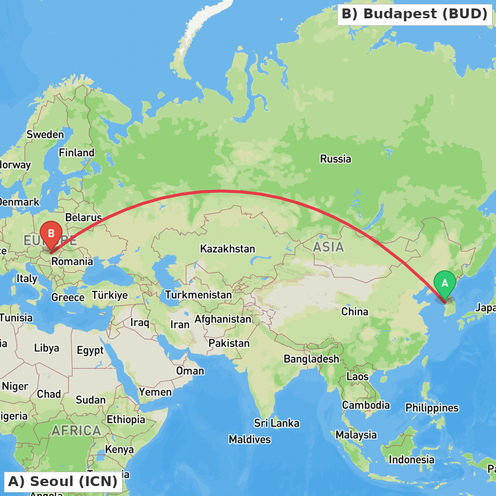 Flight route map from Seoul to Budapest